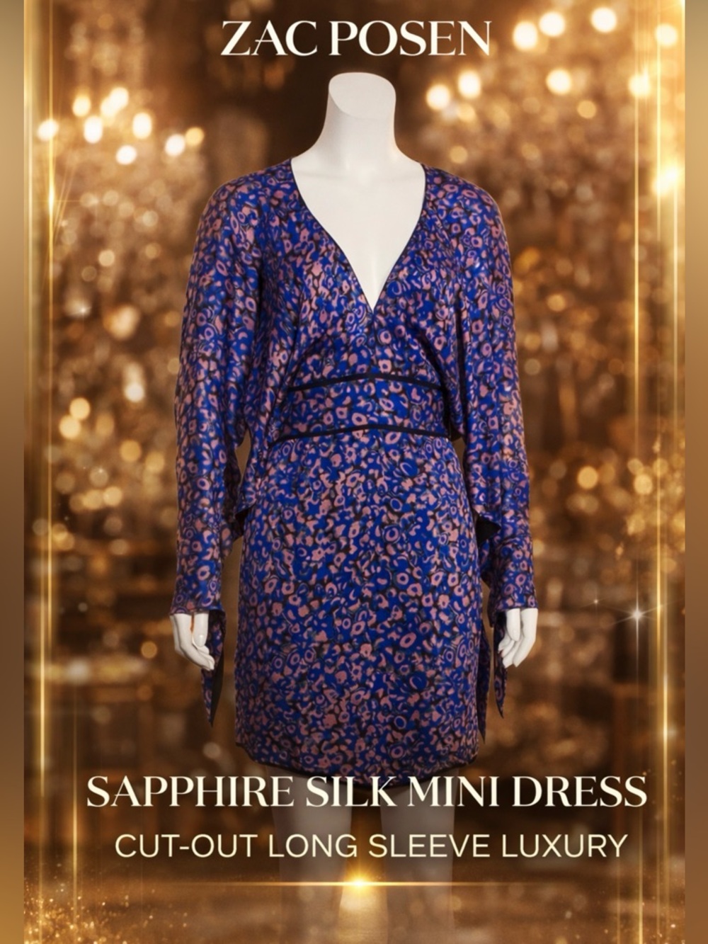 Zac Posen Silk Mini Dress Sapphire Cut Out Long Sleeve Cocktail